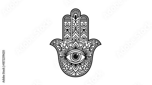 Ornate Hamsa hand illustration features intricate mandala patterns and a central eye symbol in a traditional black line art style.