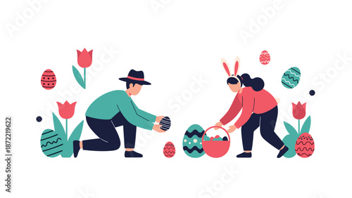 Two young people are shown participating in a fun outdoor Easter egg hunt among blooming tulips and colorful hidden eggs.