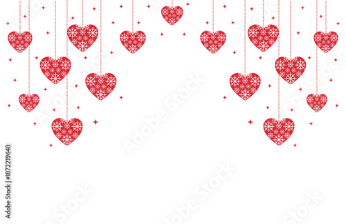 Vibrant Valentine's Day vector art with symmetrical cascade of red hearts hanging from thin strings amid sparkling stars on pure white background, ideal for romantic cards, banners, invitations.
