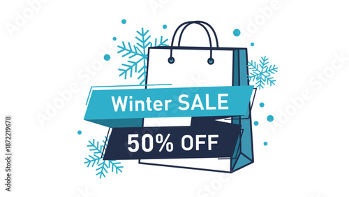 Winter sale promotion graphic features a shopping bag decorated with blue snowflakes and a bold 50 percent off discount message.