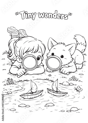Coloring book girl observing small details with binoculars while a cute ferret explores beside her