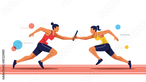 Two female track athletes are captured mid-stride during a relay race as they successfully pass the baton on a running track.