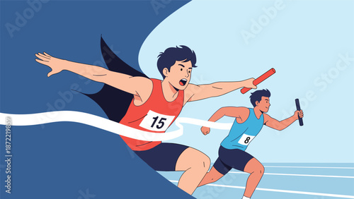 Determined runner wearing a cape crosses the finish line ahead of another competitor in a symbolic relay race victory moment.