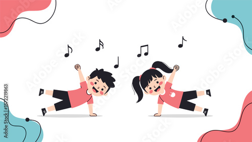 Two happy children perform a coordinated dance or exercise move while playful musical notes float in the air around them.