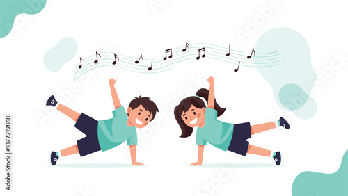 Active boy and girl are shown doing a one-handed pushup or breakdance move with a wavy musical staff in the background area.