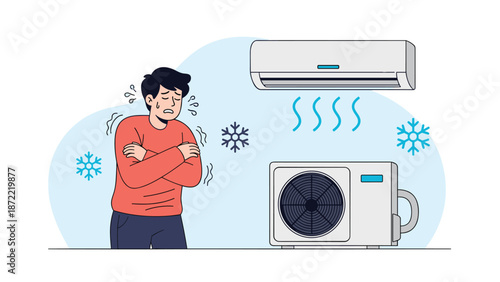 Illustration shows a man shivering from the cold air blowing from an air conditioner unit while snowflakes surround him.