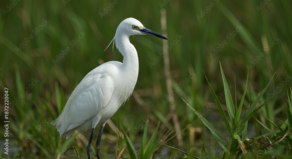 Obraz premium Snowy Egret Wading in Shallow Marsh Water Surrounded by Reeds, White Water Bird Egretta Thula in Natural Habitat, Serene Wildlife Scene for Commercial and Editorial Use