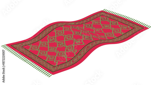 Flying magic carpet with an intricate red and green geometric pattern floating in the air, inspired by legends and fairy tales.