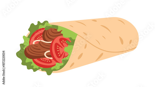 Delicious meat wrap with fresh green lettuce and red tomato slices in a soft flour tortilla, representing a tasty shawarma roll.