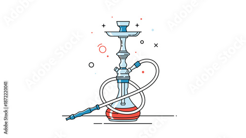 Minimalist line art illustration of a traditional hookah or water pipe with blue and red details on a clean white background.