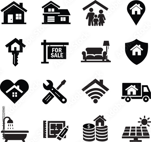 Real Estate and Home Service Black Icon Set.
