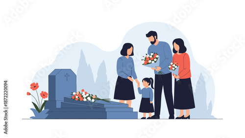 Sad family including parents and a small child standing at a grave in a cemetery to pay their respects with colorful flower bouquets.