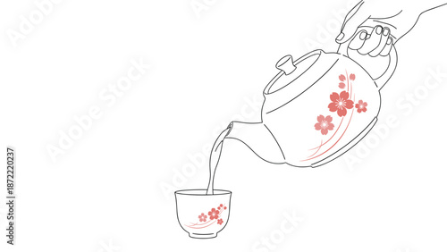 Delicate line drawing of a hand pouring hot tea from a ceramic teapot decorated with cherry blossoms into a matching small teacup.