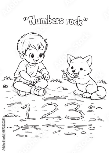 Coloring book  boy practicing numbers on the ground while learning together with a cute ferret