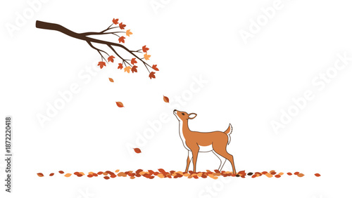 Graceful deer standing underneath a tree branch with falling red and orange autumn leaves on a clean white background, flat style.
