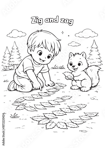 Coloring book boy arranging leaves in zigzag patterns while playing with a cute ferret