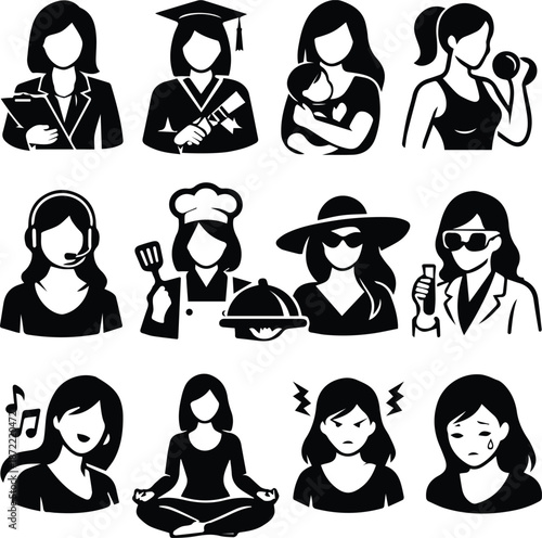 Women Professions and Lifestyle Silhouette Icon Set.
