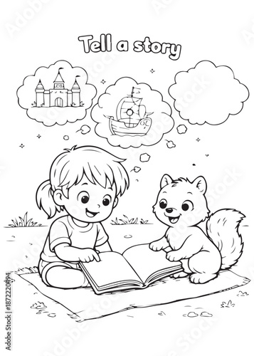 Coloring book girl reading a storybook while imagining adventures with a cute ferret