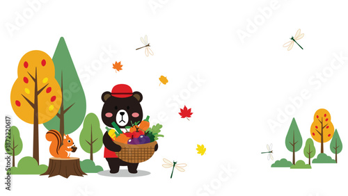 Friendly bear carrying a large basket of freshly harvested autumn vegetables through a forest with a squirrel and dragonflies.