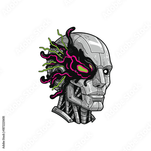 Cyborg Head with Organic Growth Futuristic Robot with Plant Overgrowth.