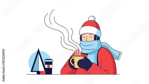 Person wrapped in a warm winter hat, scarf, and gloves holding a steaming mug of a hot beverage on a cold and chilly day, line art.