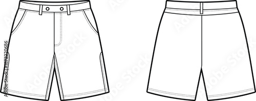 Blank white shorts technical flat sketch template front and back view vector illustration for fashion design mockup isolated on white background clothing apparel,