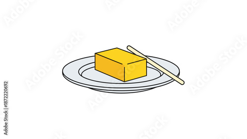 Simple food illustration of a block of yellow butter on a light gray plate with a wooden knife, representing a basic dairy product.