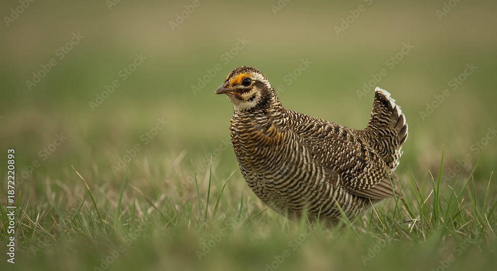 Fototapeta premium Hen Greater Prairie-Chicken walking through green grass, female Tympanuchus cupido bird with detailed barred pattern, spring wildlife photography of american grassland species.