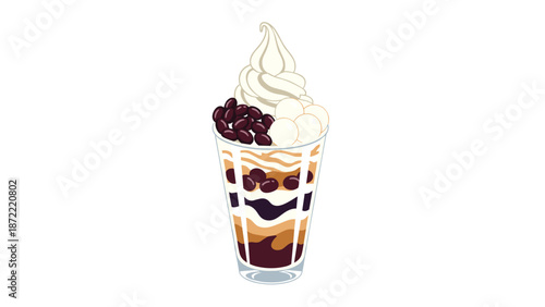 Traditional Japanese dessert cup with layers of cream, chocolate, white mochi balls, and sweet red bean paste, simple illustration.
