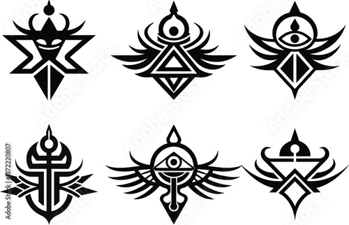 Sacred Symbolic Glyph Black Silhouette Tattoo Vector Design Set