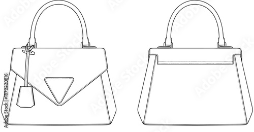 Luxury women handbag technical sketch, fashion leather tote bag vector illustration, front and back view, flat drawing for accessories design, elegant purse template.