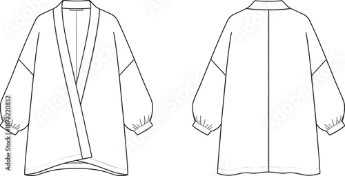 Minimalist, kimono, style, wrap, coat, technical, fashion, flat, sketch, front, and, back, view, women, outerwear, apparel, design, template, vector, illustration, isolated, white, background, lineart