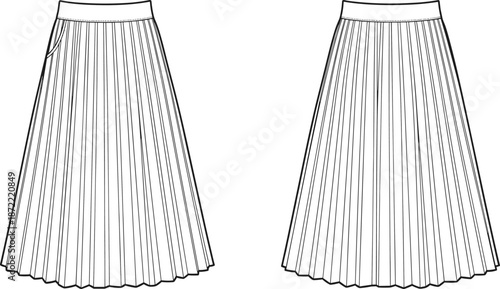 Pleated A-line maxi skirt technical flat sketch, front and back view, white midi length sunray pleat template, apparel design vector illustration for fashion CAD