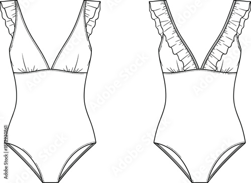One piece swimsuit technical drawing with ruffle shoulder detail, feminine swimwear vector illustration, v-neck bodysuit fashion flat sketch for design development and clothing manufacturing.