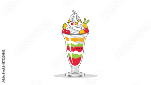 Multi-colored fruit parfait in a tall glass with layers of red, green, and yellow fruit pieces topped with white soft serve cream.