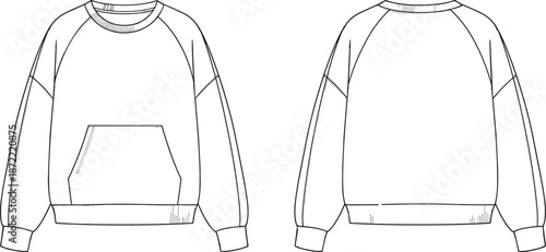 Oversized raglan sweatshirt technical flat sketch, front and back view, white crew neck jumper with kangaroo pocket, apparel design vector illustration for fashion CAD