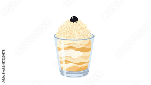 Mont blanc parfait served in a clear glass featuring layers of cream and topped with chestnut puree noodles and a dark cherry.