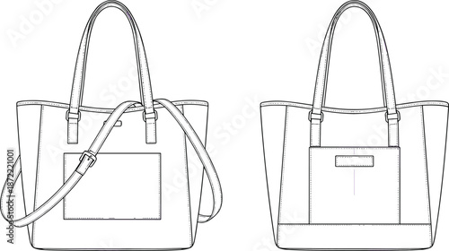 Technical fashion sketch bundle featuring leather tote bag, varsity bomber jacket, tailored coat, kimono, wrap blouse, racerback bodysuit, and athletic sports bra apparel templates.