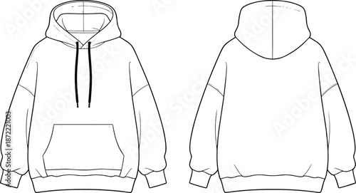 Technical fashion sketch bundle featuring oversized hoodie, deep V-neck swimsuit, corset dress, cargo trousers, leather handbag, varsity jacket, tailored coat, and athletic activewear templates.