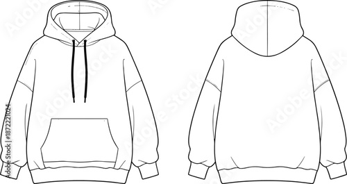 Technical fashion sketch bundle featuring oversized hoodie, plunging swimsuit, corset midi dress, wide-leg cargo trousers, leather handbag, varsity jacket, tailored coat, and activewear templates.