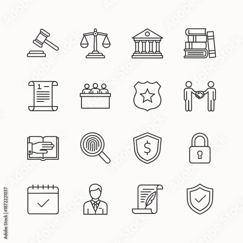 A clean vector icon set showing real estate and business symbols like homes, money, documents, calendar, phone, lock, and office tools for web and finance design