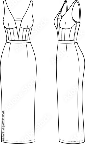 Technical fashion sketch bundle featuring women's corset midi dress, cargo trousers, leather handbag, cropped hoodie, varsity jacket, tailored coat, bodysuit, and sports bra.