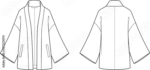 Technical fashion sketch bundle featuring women's double breasted coat, kimono jacket, classic t-shirt, racerback bodysuit, and athletic crop top, apparel design templates for manufacturing.