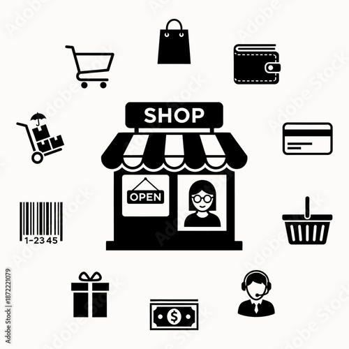Simple shopping cart and store icons showing online buying sale delivery and payment concepts in a clean vector style