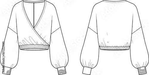 Technical fashion sketch bundle featuring women's double breasted coat, kimono jacket, wrap blouse, racerback bodysuit, and athletic sports bra templates for apparel design and manufacturing.