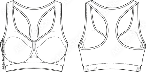 Technical fashion sketch bundle featuring women's double breasted coat, kimono jacket, wrap blouse, racerback bodysuit, crew neck tshirt, and athletic sports bra design templates.