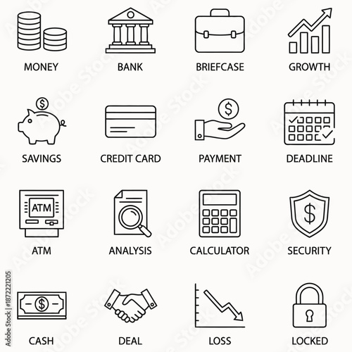 A simple vector illustration showing a set of business and finance icons for web, technology, and digital communication