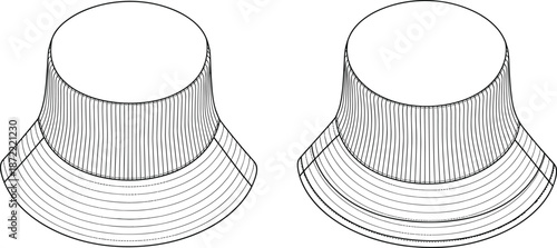 Unisex bucket hat technical flat sketch, front and side view, white summer sun cap template, apparel design vector illustration for fashion CAD, headwear