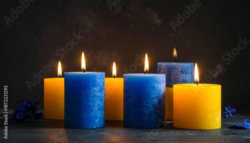 Several lit candles in blue and yellow colors on a dark background.