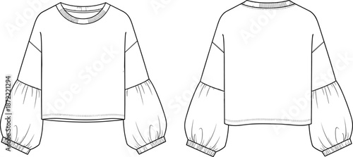 Vector flat sketch of a women's balloon sleeve sweatshirt, fashionable drop shoulder long sleeve top technical drawing, casual crewneck blouse template for fashion design